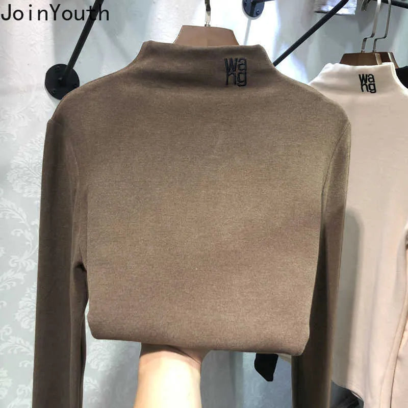 Joinyouth Half Turtleneck Women Shirt 2020 Korean Tops Fashion Tshirts Embroidery Letter Long Sleeve Tees Roupas Female Clothes X0628